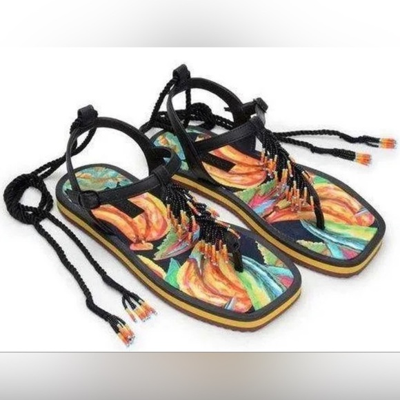 FARM RIO Black Banana Beaded Flat Sandals - Picture 2 of 8